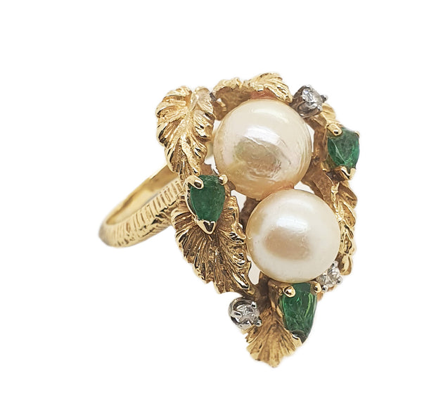 14CT Yellow Gold Vintage Pearl, Diamond & Emerald Bouquet Ring