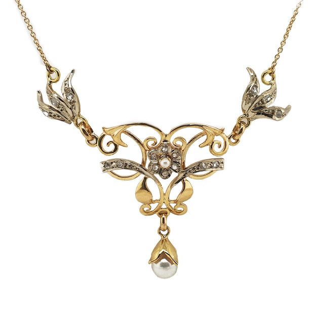 18CT Yellow Gold & Platinum Antique La Valliere Pearl & Diamond Necklace
