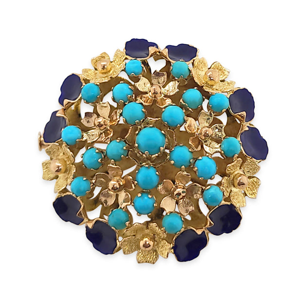 14CT Yellow Gold Turquoise Blue Enamel Brooch