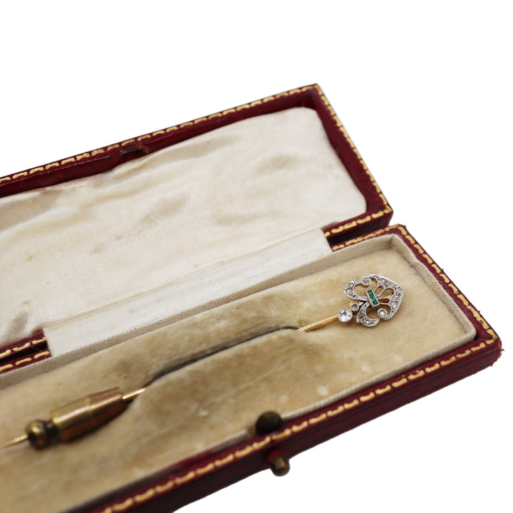 18CT Yellow/White Fleur De Lys Emerald And Diamond Stick Pin