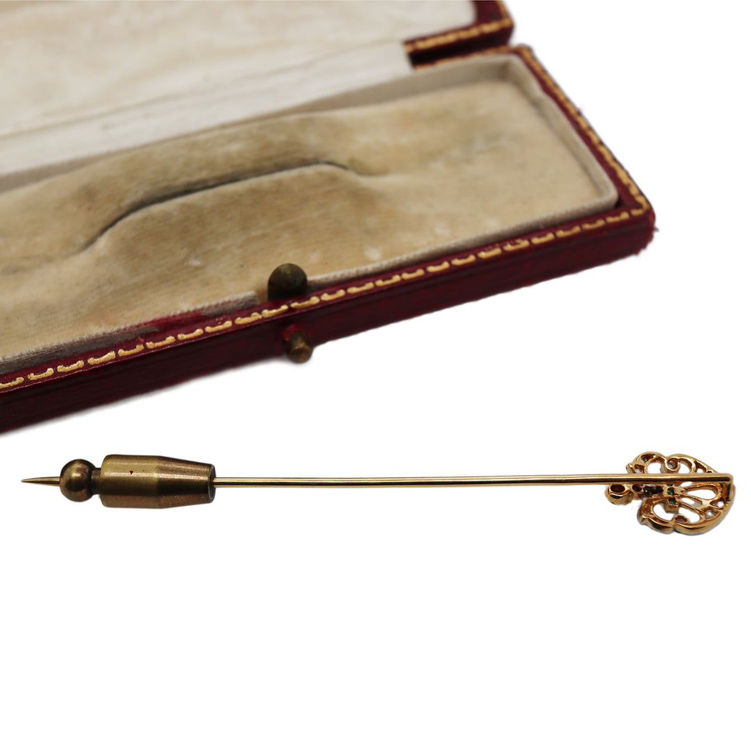 18CT Yellow/White Fleur De Lys Emerald And Diamond Stick Pin