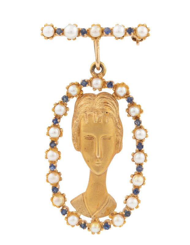 18CT Yellow Gold Sapphire and Pearl Figural Brooch